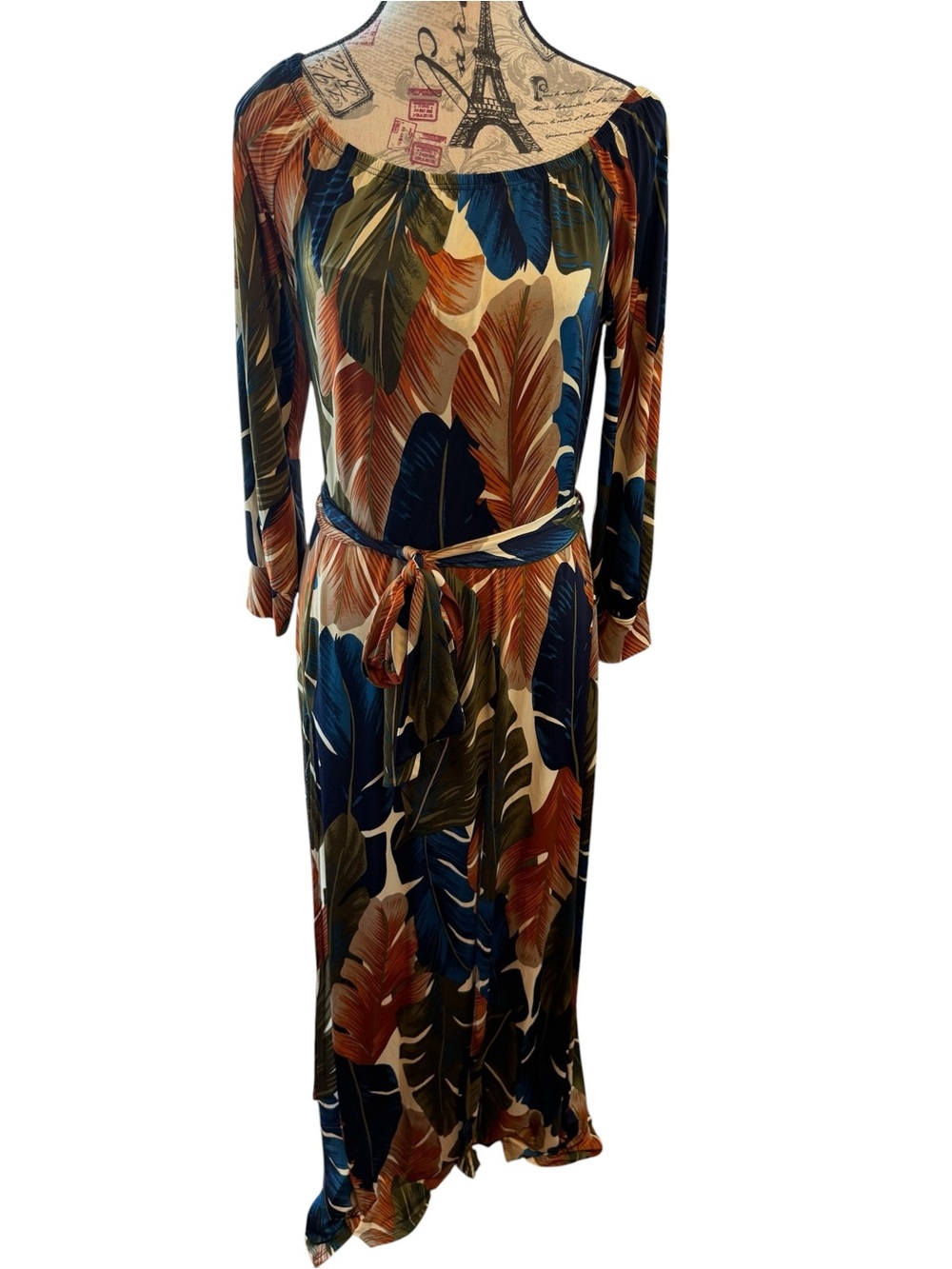 Fashion Nova One-Shoulder Tropical Maxi Dress in Navy, Olive & Rust - Picture 2 of 8